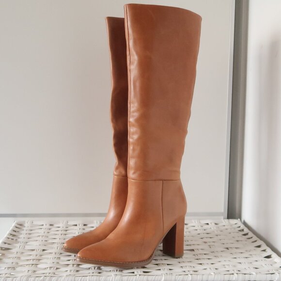 Nine West Tan Leather Knee High Boots Block Heel Pointed Toe Riding Boots Size 6 - Picture 3 of 11